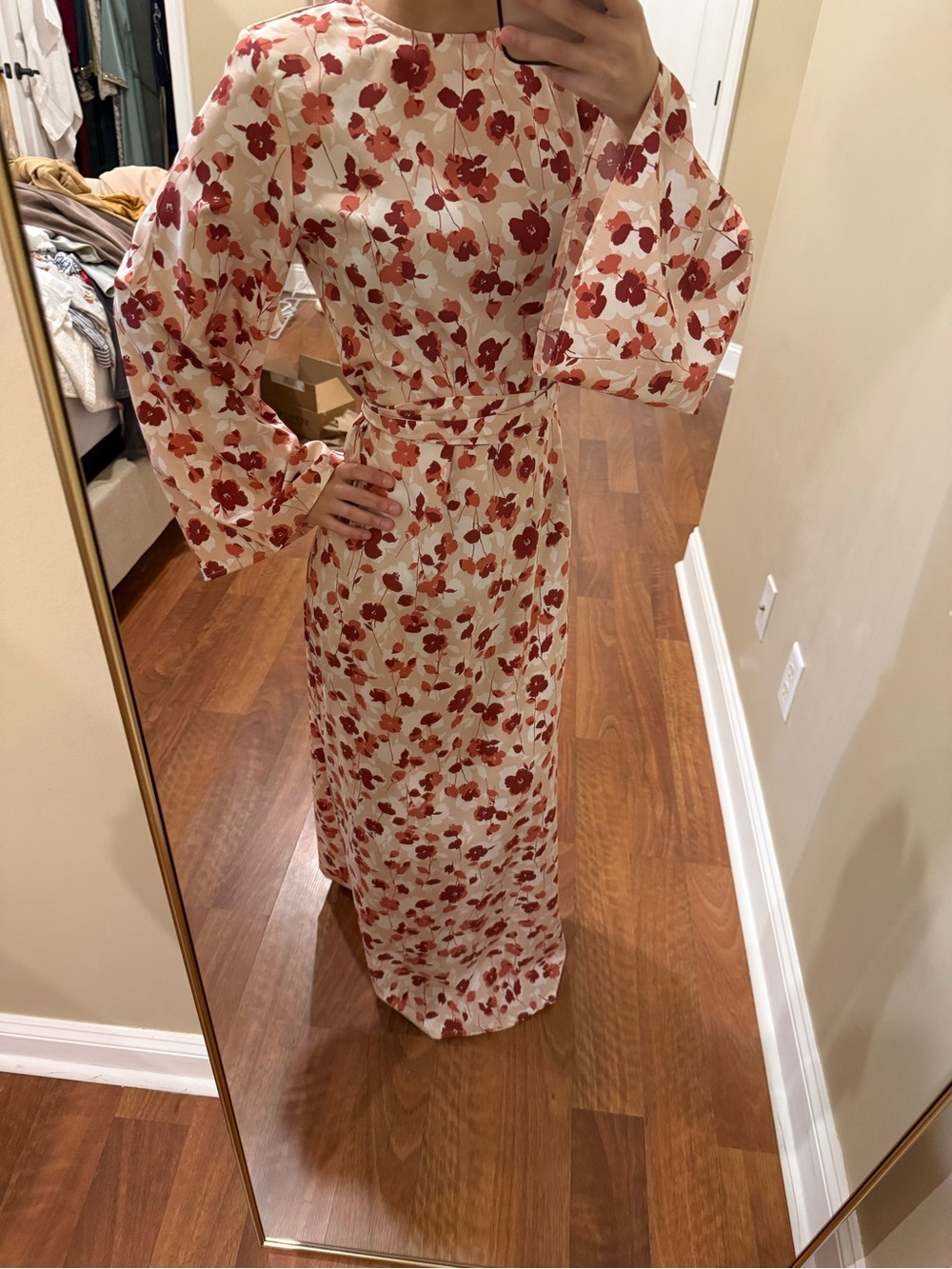Floral Long Sleeve Maxi Dress in Cream and Red